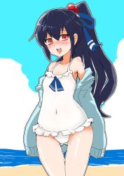 Rule 34 | 10s, 1girl, alternate hairstyle, ashitaba tomorou, beach, black hair, blue jacket, blue sky, blush, casual one-piece swimsuit, cloud, day, gluteal fold, hair ribbon, hatsushimo (kancolle), jacket, kantai collection, long hair, one-piece swimsuit, open mouth, outdoors, ponytail, red eyes, ribbon, sand, sky, smile, solo, standing, swimsuit, water, white one-piece swimsuit
