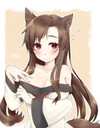 Rule 34 | 1girl, abe suke, animal ears, bare shoulders, blush, breasts, brown eyes, brown hair, closed mouth, heart, imaizumi kagerou, large breasts, long hair, long sleeves, looking at viewer, sidelocks, signature, smile, solo, tail, touhou, upper body, wide sleeves, wolf ears, wolf tail