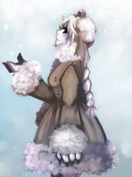 Rule 34 | 1girl, animal ears, animal hands, artist name, bear ears, black sclera, braid, breasts, brown coat, claws, closed mouth, coat, colored sclera, commentary, english commentary, expressionless, from side, funamusea, fur-trimmed coat, fur-trimmed sleeves, fur collar, fur trim, furry, furry female, hat, highres, ice scream, long hair, long sleeves, looking up, medium breasts, open hand, profile, regaliafinale, rocma (funamusea), simple background, sleeves past wrists, snow, snowing, solo, white eyes, white fur, white hair
