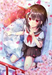 Rule 34 | 1girl, animal, bad id, bad pixiv id, bandaged arm, bandages, black socks, blurry, blurry foreground, brown hair, brown skirt, closed eyes, closed mouth, commentary request, curtains, depth of field, finger to mouth, fingernails, flower, hair between eyes, hair ornament, kneehighs, neckerchief, original, pillow, pink flower, pleated skirt, railing, red eyes, red neckerchief, school uniform, serafuku, shirt, short sleeves, shushing, skirt, sleeping, smile, socks, solo, tetsu tissue, tsurime, white shirt, wolf