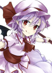 Rule 34 | 1girl, :p, akisome hatsuka, ascot, blouse, blush, bow, closed mouth, collar, collared shirt, commentary request, eyelashes, eyes visible through hair, frilled collar, frills, hair between eyes, hat, hat bow, holding, light purple hair, looking at viewer, mob cap, outstretched arms, pointy ears, puffy short sleeves, puffy sleeves, red ascot, red bow, red eyes, red sash, remilia scarlet, sash, shirt, short hair, short sleeves, simple background, skirt, solo, spread arms, tongue, tongue out, tongue up, touhou, upper body, white background, white hat, white shirt, white skirt