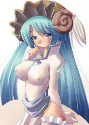 Rule 34 | blue eyes, blue hair, blush, breasts, covered erect nipples, hat, impossible clothes, large breasts, long hair, luminous arc, luminous arc 2, luna (luminous arc), nautilus (animal), seashell, shell, thighhighs