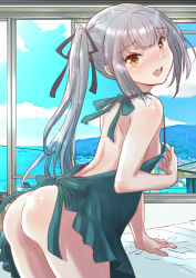 Rule 34 | 1girl, apron, ass, blue sky, brown eyes, cloud, commentary request, cowboy shot, fuji (pixiv24804665), green apron, grey hair, highres, kantai collection, kasumi (kancolle), leaning forward, long hair, looking at viewer, naked apron, side ponytail, sky, solo, standing