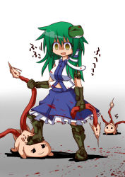 Rule 34 | 1girl, blood, blood on face, blood on clothes, boots, crazy, crazy eyes, dead space, empty eyes, female focus, frog, gloves, green hair, hair ornament, honehone, kochiya sanae, long hair, lurker (dead space), necromorph, snake, solo, tentacles, touhou, yandere, yellow eyes, yukkuri shiteitte ne