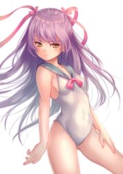 Rule 34 | 1girl, arm at side, bare legs, bare shoulders, blush, bow, bowtie, breasts, closed mouth, covered navel, cowboy shot, hair ribbon, hand on own thigh, hand on thigh, long hair, looking at viewer, nishizawa, one-piece swimsuit, original, pink bow, pink bowtie, purple hair, red ribbon, ribbon, sideboob, simple background, skin tight, small breasts, solo, standing, swimsuit, tareme, very long hair, white background, white one-piece swimsuit, yellow eyes