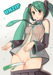 Rule 34 | 1girl, :o, bad id, bad pixiv id, bare shoulders, between thighs, blush, bottomless, breasts, clothes pull, detached sleeves, green eyes, green hair, hatsune miku, hiuji, long hair, matching hair/eyes, nipples, object insertion, open clothes, pussy, see-through, skirt, skirt pull, solo, spring onion, thighs, twintails, uncensored, vaginal, vaginal object insertion, vocaloid, wet, wet clothes