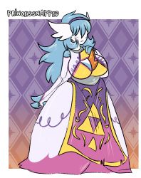 Rule 34 | absurdres, alternate color, artist name, bare shoulders, blue hair, blush, breasts, cleavage, creatures (company), curvy, detached sleeves, diadem, dress, elbow gloves, fingerless gloves, full body, fusion, game freak, gardevoir, gen 3 pokemon, gloves, gradient background, hair over eyes, hand on own chest, highres, large breasts, long hair, nintendo, patterned background, pokemon, pokemon (creature), princess zelda, princessnapped, shiny clothes, shiny pokemon, shiny skin, solo, standing, taut clothes, taut dress, the legend of zelda, triforce