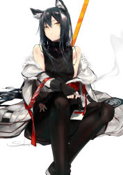 Rule 34 | 1girl, animal ear fluff, animal ears, arknights, artist name, bare shoulders, black footwear, black gloves, black hair, black pantyhose, black shirt, cigarette, commentary request, feet out of frame, fingerless gloves, gloves, holding, holding cigarette, long hair, long sleeves, looking at viewer, off shoulder, official alternate costume, pantyhose, sakusyo, shirt, shoes, signature, simple background, sitting, sleeveless, sleeveless shirt, solo, texas (arknights), texas (winter messenger) (arknights), white background, wolf ears, yellow eyes