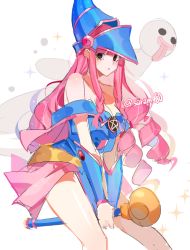 Rule 34 | 1girl, bare legs, blue eyes, blush, blush stickers, boots, breasts, cleavage, cosplay, dark magician girl, dark magician girl (cosplay), devil fruit, drill hair, empty eyes, ghost, grabbing, joman, large breasts, lipstick, long hair, looking at viewer, magical girl, makeup, midriff, miniskirt, navel, one piece, perona, pink hair, shiny clothes, shiny skin, simple background, skirt, solo, twitter username, very long hair, wide hips, yu-gi-oh!, yu-gi-oh! duel monsters