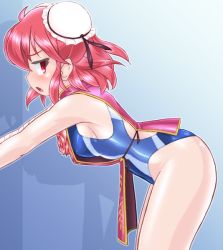 Rule 34 | 1girl, bandages, blue background, blue one-piece swimsuit, breasts, bun cover, competition swimsuit, cowboy shot, double bun, hair bun, ibaraki kasen, leaning forward, one-piece swimsuit, pink hair, profile, red eyes, short hair, simple background, solo, swimsuit, swimsuit under clothes, tabard, touhou, winn