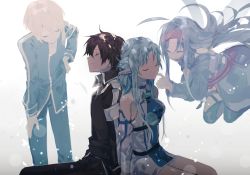 Rule 34 | 2boys, 2girls, ahoge, antenna hair, asuna (sao), asuna (sao-alo), back-to-back, black hair, blonde hair, blue dress, blue hair, blue jacket, blue pants, braid, breasts, closed eyes, closed mouth, collar, collared jacket, detached sleeves, dress, elf, eugeo, floating hair, flying, from side, gaaamtyyy, hair between eyes, hair ornament, hairband, hand on own hip, highres, jacket, kirito, kirito (sao-alo), long hair, long sleeves, medium breasts, multiple boys, multiple girls, open mouth, pants, pointy ears, red hairband, remembering, short dress, short hair, sidelocks, simple background, sitting, smile, standing, sword art online, teeth, thighhighs, white background, wings, yuuki (sao)
