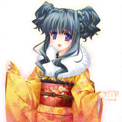 Rule 34 | 1girl, blue hair, blush, female focus, hair up, hal, halftone, halftone background, japanese clothes, kimono, new year, original, purple eyes, solo, white background, yasaka minato