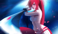 Rule 34 | 1girl, artist name, bad id, bad pixiv id, breasts, d-han, erza scarlet, fairy tail, foreshortening, hair over one eye, highres, long hair, medium breasts, midriff, motion blur, navel, ponytail, red eyes, red hair, red lips, sarashi, signature, solo, sword, tattoo, weapon