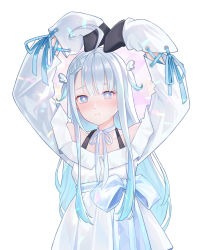 Rule 34 | 1girl, absurdres, ahoge, amatsuka uto, arms up, bare shoulders, blue eyes, blue hair, blush, colored tips, detached sleeves, dress, hair ornament, hairclip, halter dress, halterneck, highres, indie virtual youtuber, long hair, long sleeves, looking at viewer, multicolored hair, nuebunny, off-shoulder dress, off shoulder, ribbon, simple background, solo, twintails, virtual youtuber, white dress