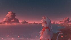 Rule 34 | 1girl, animal ears, cat ears, cat girl, cat tail, chinese commentary, closed eyes, closed mouth, cloud, commentary request, hair ribbon, highres, horizon, light particles, long hair, original, outdoors, red ribbon, ribbon, rune xiao, scenery, shirt, short sleeves, signature, sky, solo, star (sky), starry sky, tail, upper body, white hair, white shirt