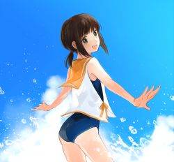 Rule 34 | 1girl, black eyes, black hair, cosplay, fubuki (kancolle), gradient background, highres, i-401 (kancolle), i-401 (kancolle) (cosplay), kantai collection, long hair, one-piece swimsuit, outstretched arms, ponytail, sailor collar, school swimsuit, shichibusa (chick1007), solo, spread arms, swimsuit