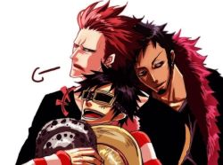 Rule 34 | +++, 3boys, black hair, cosplay, costume switch, eustass kid, fur trim, goggles, hat, image sample, jacket, male focus, monkey d. luffy, multiple boys, one piece, open mouth, pixiv sample, red hair, resized, scar, straw hat, striped, teeth, trafalgar law