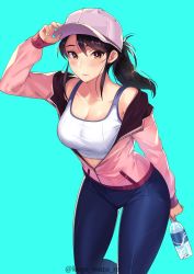 Rule 34 | 1girl, adjusting clothes, adjusting headwear, aqua background, artist name, bare shoulders, baseball cap, blue pants, blush, bottle, breasts, brown eyes, brown hair, cleavage, collarbone, fingernails, hand up, hat, highres, holding, jacket, kagematsuri, large breasts, long hair, long sleeves, looking at viewer, mole, mole on breast, mole under eye, original, pants, parted lips, pink hat, pink jacket, ponytail, shiny skin, simple background, solo, tank top, track jacket, water bottle, zipper, zipper pull tab