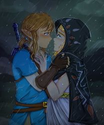 Rule 34 | 1boy, 1girl, blonde hair, blue eyes, brown hair, cape, cloud, couple, dark clouds, dress, face-to-face, frown, gloves, hand on another&#039;s chest, highres, hood, hood up, link, master sword, nintendo, ponytail, princess zelda, rain, short hair, standing, sword, the legend of zelda, the legend of zelda: breath of the wild, tunic, weapon, wet, white dress