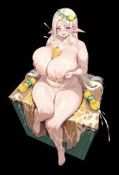 1girl absurdres black_background blonde_hair blue_eyes blush breasts breasts_squeezed_together cerestia_of_life circlet collarbone elf full_body grabbing_own_breast heart heart-shaped_pupils highres huge_breasts last_origin long_hair long_pointy_ears looking_at_viewer nipples nude official_art open_mouth pointy_ears simple_background sitting smile solo suggestive_fluid symbol-shaped_pupils table very_long_hair wow_(cor369)