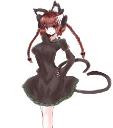 Rule 34 | 1girl, :/, absurdres, animal ear fluff, animal ears, arm behind head, arm up, ayang, black bow, blunt bangs, blush, bow, braid, breasts, cat ears, cat tail, closed mouth, dress, extra ears, feet out of frame, frills, grey dress, hair bow, hair ribbon, hand on own hip, heart, heart tail, highres, juliet sleeves, kaenbyou rin, long hair, long sleeves, looking at viewer, medium breasts, multiple tails, nekomata, petticoat, puffy sleeves, red eyes, red hair, ribbon, simple background, sketch, sleeves past wrists, solo, standing, tail, touhou, tress ribbon, twin braids, twintails, two tails, white background