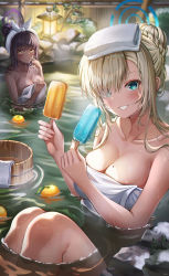 Rule 34 | 2girls, asuna (blue archive), black hair, blonde hair, blue archive, blue eyes, blush, breasts, bucket, cleavage, collarbone, dark-skinned female, dark skin, finger to mouth, food, fruit, grin, hair bun, halo, highres, holding, holding food, karin (blue archive), large breasts, long hair, looking at viewer, mole, mole on breast, multiple girls, naked towel, onsen, parted lips, partially submerged, popsicle, single hair bun, smile, towel, towel on head, water, wet, wol (wol 927), yellow eyes, yuzu (fruit), yuzu bath