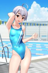 Rule 34 | 1girl, absurdres, ahoge, aqua one-piece swimsuit, blue sky, breasts, clothes writing, cloud, commentary request, competition swimsuit, contrapposto, covered navel, day, grey hair, highleg, highleg swimsuit, highres, lane line, one-piece swimsuit, original, outdoors, pool, pool ladder, poolside, red eyes, short hair, sky, small breasts, smile, solo, string of flags, swimsuit, takafumi, tomboy