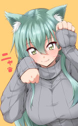 Rule 34 | 1girl, alternate costume, animal ears, aqua hair, blush, breasts, cat day, cat ears, closed mouth, commentary, fang, fang out, green eyes, grey sweater, hair between eyes, kantai collection, large breasts, long hair, mikagami sou, paw pose, paw print, paw print background, simple background, slit pupils, smile, solo, suzuya (kancolle), sweater, translated, yellow background