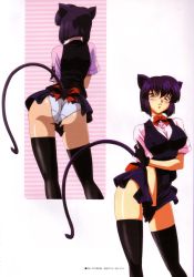 Rule 34 | 00s, 1990s (style), 1girl, absurdres, animal ears, ass, black thighhighs, blush, bow, bowtie, breasts, cameltoe, cat, cat ears, cat girl, cat tail, covered erect nipples, gloves, highres, kimura takahiro, koshka, looking at viewer, medium breasts, naughty face, official art, orange eyes, panties, purple hair, retro artstyle, ribbon, school uniform, short hair, skindentation, slit pupils, smile, solo, tail, thighhighs, underwear, usagi-chan de cue, white panties, yellow eyes