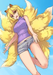 Rule 34 | 1girl, animal ears, barefoot, blonde hair, breasts, casual, contemporary, drawfag, fang, fox ears, fox tail, highres, large breasts, multiple tails, open mouth, orange eyes, ribbed sweater, short shorts, shorts, sleeveless, sleeveless turtleneck, solo, sweater, tail, touhou, turtleneck, yakumo ran