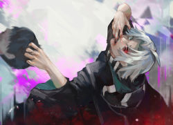 Rule 34 | 1boy, ahoge, black cloak, black hair, black nails, black sclera, cloak, colored sclera, commentary request, eye trail, finger in own mouth, grey hair, heterochromia, highres, holding head, hood, hood down, hooded cloak, kyuuba melo, light trail, long sleeves, looking up, male focus, mismatched sclera, multicolored background, nail polish, parted bangs, red eyes, short hair, spoilers, takizawa seidou, tokyo ghoul, tokyo ghoul:re