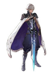 Rule 34 | 1boy, armor, belt, black gloves, blue eyes, cape, fingernails, fur-trimmed cape, fur trim, gloves, glowing, glowing sword, glowing weapon, greaves, holding, holding sword, holding weapon, male focus, mgg (x arte), original, pauldrons, planted, planted sword, planted, pointy ears, shoulder armor, simple background, solo, standing, sword, transparent, weapon, white background, white cape, white hair