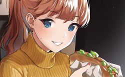 Rule 34 | 1girl, blue eyes, close-up, doushimasho, earrings, food, holding, holding food, jewelry, looking back, mole, mole on cheek, nail polish, original, ponytail, red hair, red nails, shirt, smile, solo, sweater, turtleneck, turtleneck sweater, yellow shirt