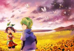 Rule 34 | 1boy, 1girl, bandana, bare arms, bike shorts, blue eyes, brown hair, butterfree, closed mouth, cloud, commentary request, creatures (company), day, drew (pokemon), field, flower, flower field, game freak, gen 1 pokemon, gloves, green bandana, green eyes, green hair, holding, holding flower, looking at another, may (pokemon), nintendo, outdoors, pokemon, pokemon (anime), pokemon (creature), pokemon dppt (anime), pokemon rse (anime), purple shirt, red flower, sasairebun, shirt, sky, smile, standing, undershirt
