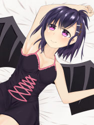 Rule 34 | 10s, 1girl, armpits, bed, black hair, blush, breasts, cleavage, gabriel dropout, highres, purple eyes, small breasts, smile, solo, vignette tsukinose april, wings