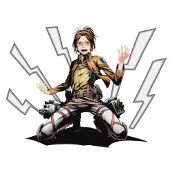 Rule 34 | 10s, 1girl, alpha transparency, belt, brown eyes, brown hair, brown jacket, divine gate, dress shirt, full body, glasses, hange zoe, jacket, kneeling, looking at viewer, military, military uniform, official art, open clothes, open jacket, open mouth, pants, shingeki no kyojin, shirt, short hair, solo, three-dimensional maneuver gear, transparent background, ucmm, uniform, white pants, yellow shirt