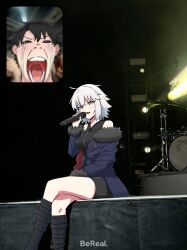 Rule 34 | 1boy, 1girl, absurdres, ahoge, bare shoulders, black dress, black footwear, black hair, blue coat, blush, boots, closed eyes, coat, commentary, crossed legs, dress, drum, drum set, english text, fan screaming at madison beer (meme), fate/grand order, fate (series), fujimaru ritsuka (male), fur-trimmed coat, fur-trimmed sleeves, fur trim, grey hair, highres, holding, holding microphone, instrument, jeanne d&#039;arc alter (fate), jeanne d&#039;arc alter (ver. shinjuku 1999) (fate), long sleeves, looking at viewer, meme, microphone, music, nonoitou110, off shoulder, official alternate costume, open clothes, open mouth, photo-referenced, photo background, short hair, singing, sitting, tears, teeth, yellow eyes