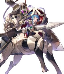 1girl attack blue_hair bodysuit braid charging_forward crown_braid drone essual_(layer_world) fire_emblem fire_emblem_heroes goggles goggles_on_head highres mecha nintendo non-web_source official_alternate_costume official_art open_mouth polearm ponytail reginn_(fire_emblem) robot solo v-shaped_eyebrows weapon