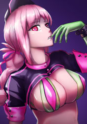 Rule 34 | 1girl, absurdres, artist request, bikini, breasts, fate/grand order, fate (series), florence nightingale (fate), florence nightingale (trick or treatment) (fate), gloves, green gloves, hat, highres, large breasts, long hair, looking at viewer, official alternate costume, parted lips, pink hair, red eyes, rubber gloves, short sleeves, shrug (clothing), solo, swimsuit, upper body