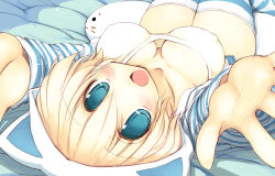 Rule 34 | 1girl, animal hood, blonde hair, blue eyes, blush, breasts, cat hood, covered erect nipples, hood, large breasts, looking at viewer, lying, on back, open mouth, original, outstretched arms, sakaki (noi-gren), smile, solo, striped clothes, striped thighhighs, thighhighs