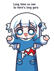 Rule 34 | 1girl, animal, armpit carry, blue eyes, blue hair, blue hoodie, blunt bangs, blush, disembodied hand, eiul, gawr gura, gawr gura (1st costume), hair ornament, highres, holding, holding animal, hololive, hololive english, hood, hoodie, lifting person, long hair, long sleeves, longcat (meme), looking at viewer, meme, multicolored hair, open mouth, shark girl, shark print, sharp teeth, smile, streaked hair, teeth, two side up, virtual youtuber, white hair