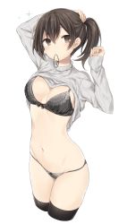 Rule 34 | 10s, 1girl, adjusting hair, arms up, black bow, black ribbon, black thighhighs, blush, bow, bow bra, bow panties, bra, breasts, brown eyes, brown hair, cleavage, clothes lift, cowboy shot, grey bra, grey panties, groin, hair ribbon, hand on own head, highres, kaga (kancolle), kantai collection, komeshiro kasu, large breasts, legs together, lingerie, long sleeves, midriff, mouth hold, navel, no pants, panties, ponytail, ribbed sweater, ribbon, short hair, simple background, sleeves past wrists, solo, sparkle, standing, stomach, sweater, sweater lift, tareme, thighhighs, thighs, turtleneck, tying hair, underwear, white background