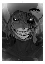 Rule 34 | 1other, absurdres, androgynous, black sclera, bleeding, blonde hair, blood, bodysuit, border, colored sclera, copyright request, evil smile, greyscale, grin, hat, highres, looking at viewer, mismatched sclera, monochrome, niwarhythm, nosebleed, sharp teeth, short hair, smile, solo, teeth, white border, wide-eyed