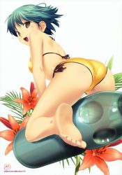Rule 34 | 1girl, absurdres, arched back, ass, barefoot, bikini, brown eyes, feet, female focus, flower, from behind, green hair, highres, koutaro, lily (flower), looking back, open mouth, original, page number, ramune, short hair, side-tie bikini bottom, smile, solo, swimsuit, white background, yellow eyes