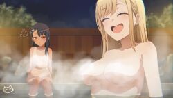 Rule 34 | 2girls, asymmetrical bangs, bathing, black hair, blonde hair, blush, breasts, bug, closed eyes, closed mouth, collarbone, completely nude, convenient censoring, crossover, ear piercing, facing viewer, fly, gyaru, highres, ijiranaide nagatoro-san, insect, keihh, kitagawa marin, large breasts, long hair, looking at viewer, multiple girls, nagatoro hayase, night, nude, one-piece tan, onsen, outdoors, partially submerged, piercing, red eyes, sitting, soaking feet, sono bisque doll wa koi wo suru, steam, steam censor, swept bangs, tan, tanline, upper body, water
