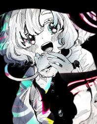 Rule 34 | 1girl, :d, blouse, blush, crying, fingernails, frilled shirt collar, frilled sleeves, frills, greyscale, hands up, hat, highres, holding, komeiji koishi, long sleeves, looking at viewer, monochrome, open mouth, shirt, short hair, smile, solo, spot color, tears, teeth, tongue, touhou, upper body, upper teeth only, wide sleeves, yonago
