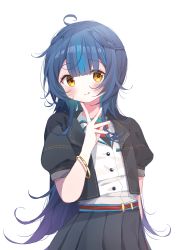 Rule 34 | 1girl, :q, ahoge, amairo marina, black jacket, black skirt, blue hair, blush, braid, brown eyes, closed mouth, commentary request, deyui, hand up, highres, jacket, long hair, multicolored hair, open clothes, open jacket, pleated skirt, puffy short sleeves, puffy sleeves, shirt, short sleeves, simple background, skirt, smile, solo, streaked hair, tongue, tongue out, transparent background, very long hair, virtual youtuber, voice-ore, white shirt