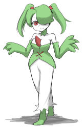 Rule 34 | 1girl, 9696 (kurokuro), alternate hairstyle, bad id, bad tumblr id, bare shoulders, between breasts, breasts, cleavage, colored skin, cosplay, creatures (company), detached collar, detached sleeves, female focus, full body, fusion, game freak, gardevoir, gardevoir (cosplay), gen 3 pokemon, green hair, green legwear, hair over one eye, highres, large breasts, long hair, nintendo, pokemon, red eyes, short hair, simple background, skullgirls, sleeves past wrists, solo, squigly (skullgirls), standing, stitched mouth, stitches, twintails, white background, white skin, zombie