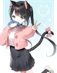 Rule 34 | 1girl, 2sham, animal ear fluff, animal ears, bell, black hair, black skirt, black socks, blue eyes, blush, bow, breasts, cat ears, cat girl, cat tail, commentary, hair ornament, hairclip, highres, jacket, jingle bell, long hair, long sleeves, mouth hold, open clothes, open jacket, original, outstretched arm, pink bow, pink jacket, pleated skirt, puffy long sleeves, puffy sleeves, shirt, shoes, skirt, sleeves past wrists, small breasts, socks, solo, standing, standing on one leg, stuffed animal, stuffed toy, stuffed whale, tail, tail bell, tail bow, tail ornament, twintails, uwabaki, v, very long hair, white footwear, white shirt, x hair ornament