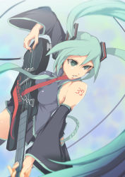 Rule 34 | 10s, 1girl, 39, 2015, aqua hair, armadillo-tokage, bad id, bad pixiv id, detached sleeves, gradient background, guitar, hatsune miku, highres, instrument, long hair, necktie, skirt, twintails, very long hair, vocaloid